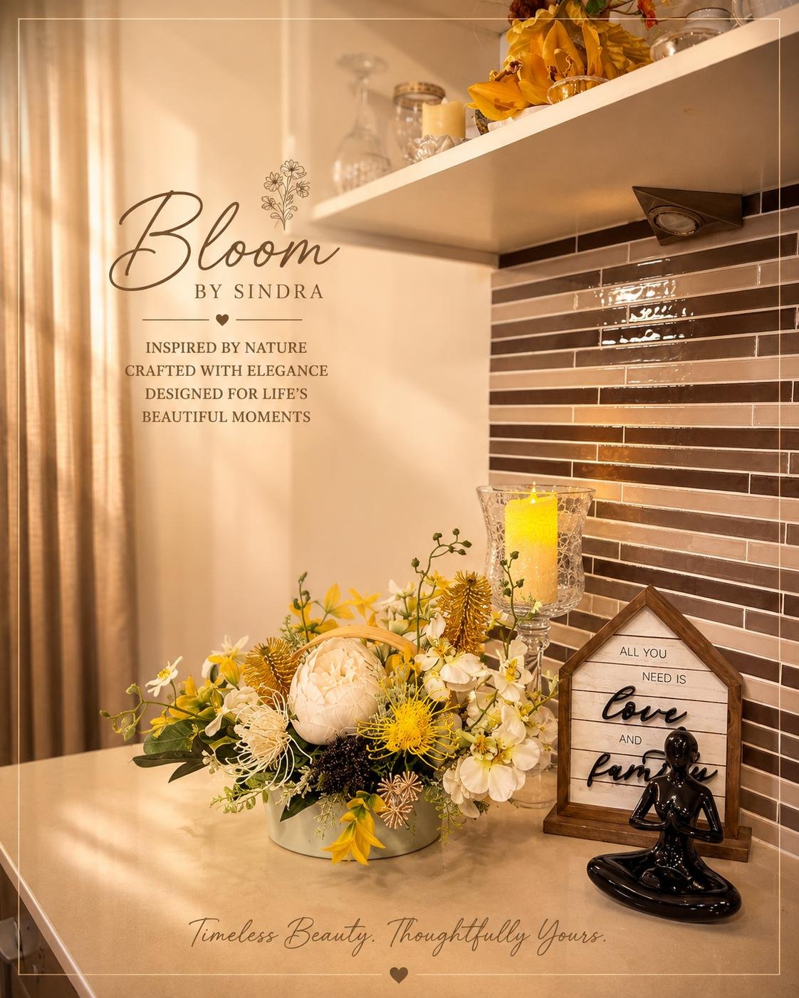 Bloom by Sindra branded photo of a yellow and white arrangement on a kitchen counter styled beside a Love and Family sign