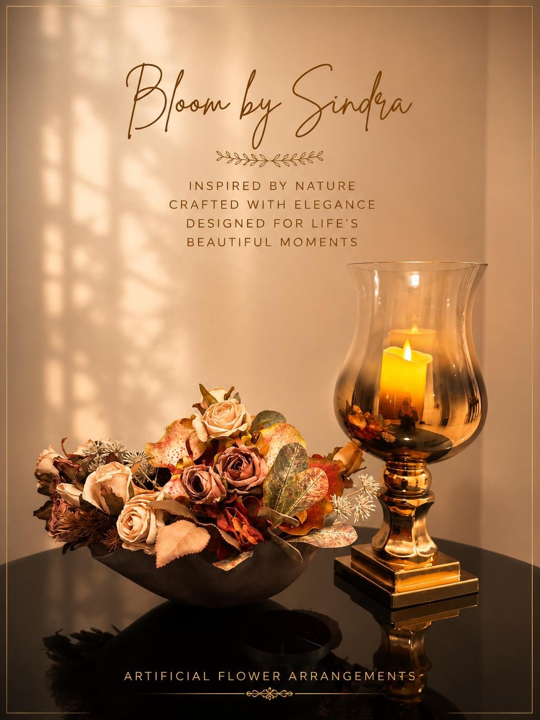 Bloom by Sindra branded photo of mauve and blush roses in a stone-effect bowl beside a gold candle holder